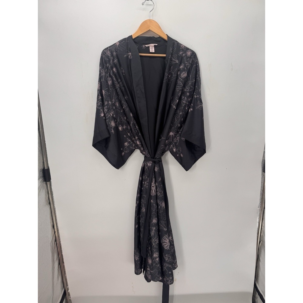 Victoria's Secret Black Pink Floral Satin Kimono Robe M/L Belted Y2K Lingerie